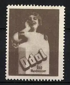 Reklamemarke Odol Mundwasser, Frau mit grosser Flasche