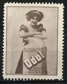 Reklamemarke Odol Mundwasser, Fräulein lehnt auf einer grossen Flasche
