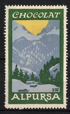 Reklamemarke Alpursa Chocolat, schneebedeckte Landschaft