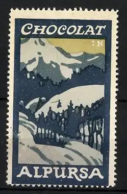 Reklamemarke Alpursa Chocolat, schneebedeckte Landschaft