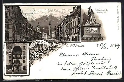 Lithographie Innsbruck, Blick in die Maria Theresienstrasse, Andrä Hofer Monument