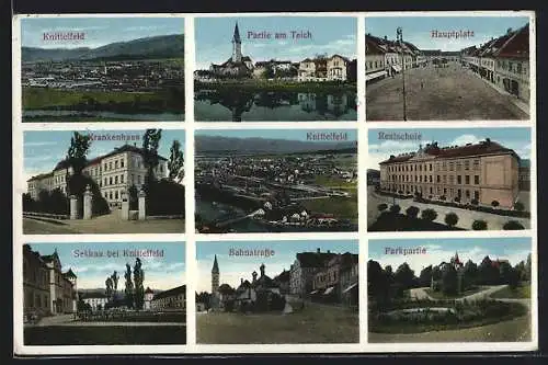 AK Knittelfeld, Partie am Teich, Hauptstrasse, Krankenhaus, Realschule, Parkpartie