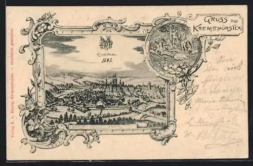 Lithographie Kremsmünster, Ortsansicht aus der Vogelschau
