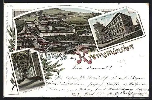 Lithographie Kremsmünster, Inneres der Stiftskirche, K. K. Obergymnasium und Sternwarte, Panorama