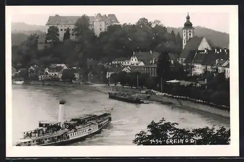 AK Grein a. d. Donau, Ortsansicht aus der Vogelschau, Dampfschiff verlässt die Anlegestelle