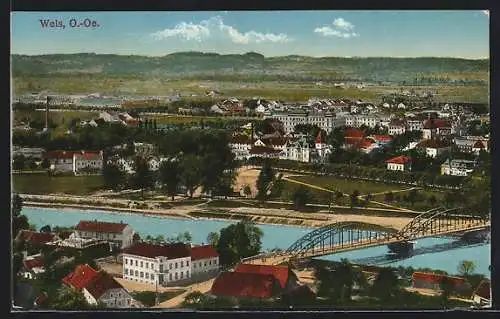 AK Wels, Ortsansicht mit Brücke