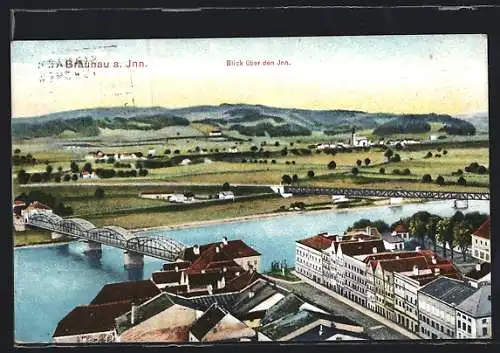 AK Braunau a. Inn, Ortsansicht aus der Vogelschau, Blick über den Inn