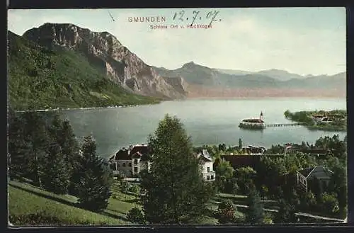 AK Gmunden, Schloss Ort v. Hochkogel