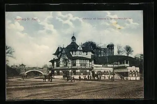 AK Hamburg-St. Pauli, Gasthof zum Fährhaus mit Seewarte und Kersten-Miles-Brücke