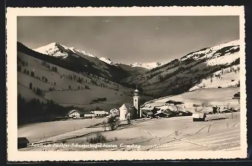 AK Saalbach, Ortsansicht mit Zwölfer und Schusterkogel