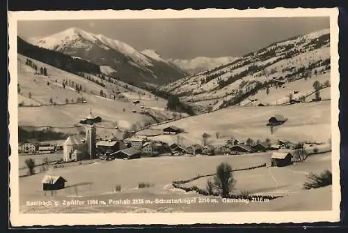 AK Saalbach, Ortsansicht mit Zwölfer, Penhab und Schusterkogel