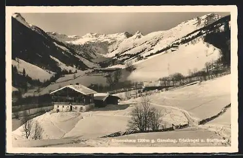 AK Saalbach, Simonshaus, Blick gegen Gamshag, Tristkogel, Staffkogel unter Schneedecke