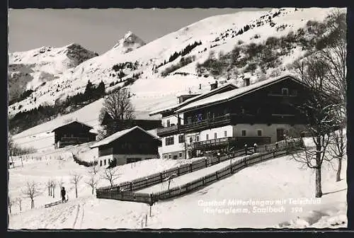 AK Saalbach, Gasthof Mitterlengau mit Talschluss Hinterglemm