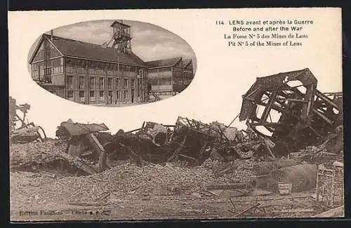 AK Lens, avant et apres la Guerre, La Fosse No. 5 des Mines, Grube Nr. 5 vor & nach d. Krieg