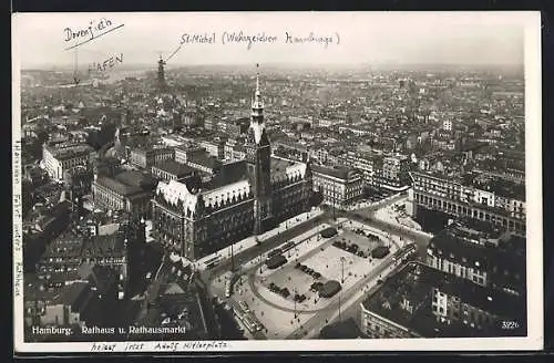 AK Hamburg, Rathaus und Rathausmarkt vom Flugzeug aus gesehen