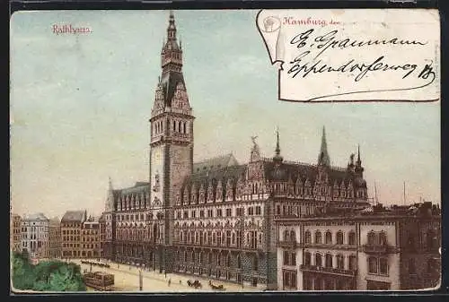 Lithographie Hamburg, Ortspartie mit Rathaus