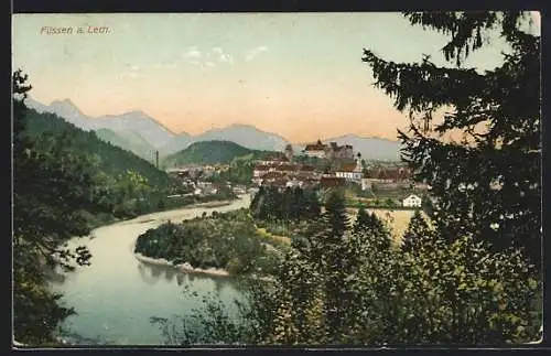 AK Füssen a. Lech, Ortsansicht und Flusspartie aus der Vogelschau