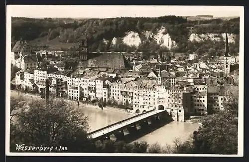 AK Wasserburg a. Inn, Ortsansicht mit Brücke aus der Vogelschau