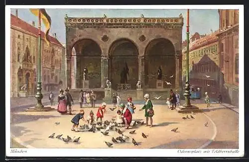 Künstler-AK München, Taubenfütterung vor der Feldherrnhalle auf dem Odeonsplatz