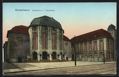 Goldfenster-AK Bremerhaven, Stadttheater und Kunsthalle mit leuchtenden Fenstern