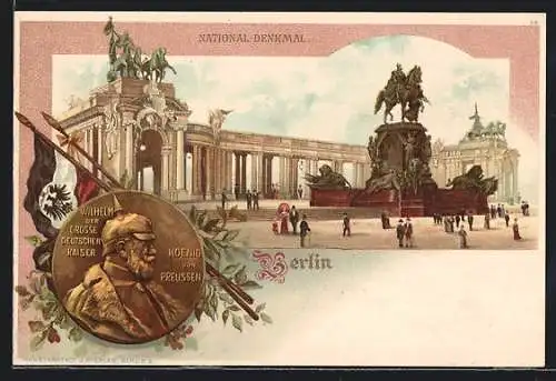 Lithographie Berlin, National-Denkmal, Kaiser Wilhelm der Grosse Emblem