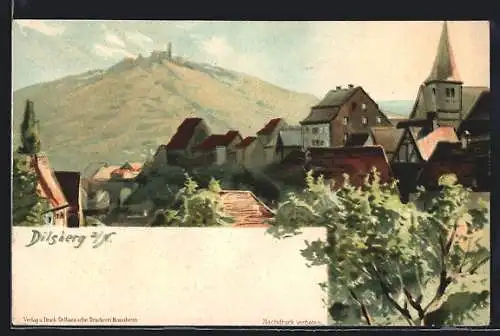 Lithographie Dilsberg a. N., Teilansicht mit Burgberg