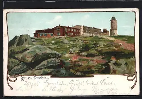 Lithographie Brocken, Blick auf die Brocken-Häuser