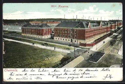 AK Chemnitz, 181er Kaserne mit Strasse und Regiment aus der Vogelschau
