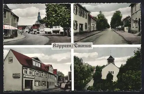 AK Köppern / Taunus, Die Strassen der Stadt, Kirche mit Umgebung