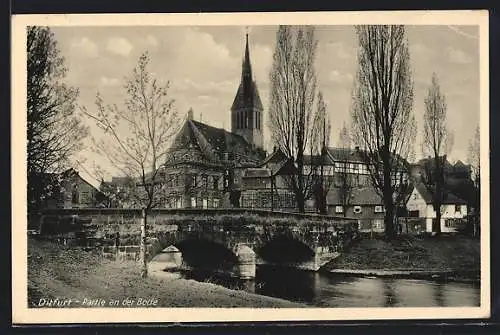 AK Ditfurt, Brücke über die Bode, Blick zur Kirche