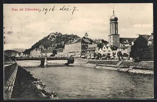 AK Graz, Ortsansicht mit Schlossberg