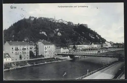 AK Graz, Ferdinandsbrücke und Schlossberg