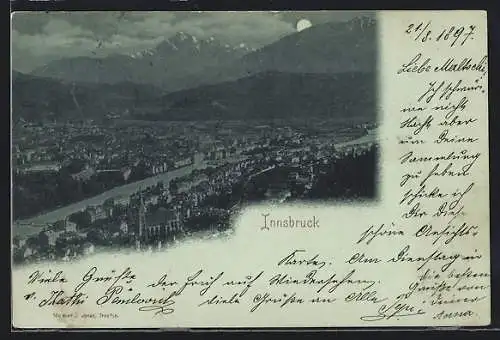 Mondschein-AK Innsbruck, Totale aus der Luft gesehen