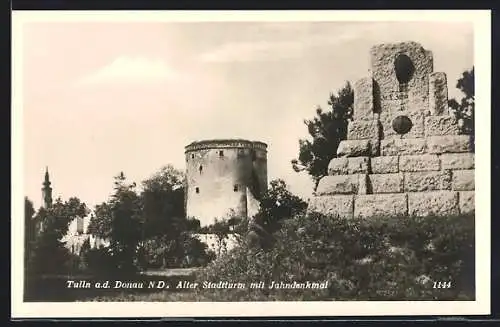 AK Tulln / Donau, Jahn Denkmal mit Stadtturm