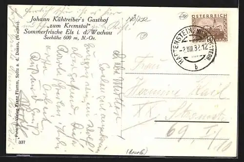 AK Els i. d. Wachau, Johann Kühtreiber`s Gasthof zum Kremstal