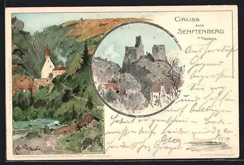 Lithographie Senftenberg a. d. / Krems, Ortspartie, Ruine