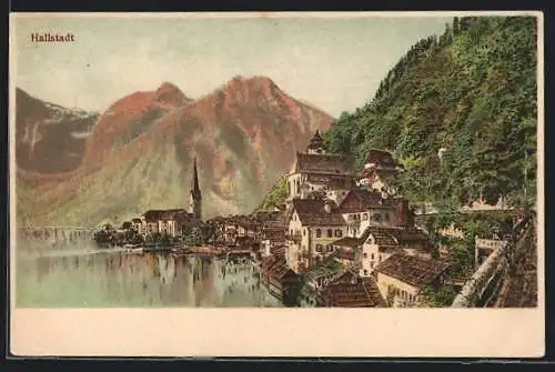 Lithographie Hallstatt, Ortsansicht am Bergsee