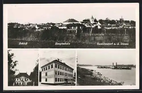 AK Zwentendorf a. D., Schloss, Hauptschule, Donaupartie m. Dampfer