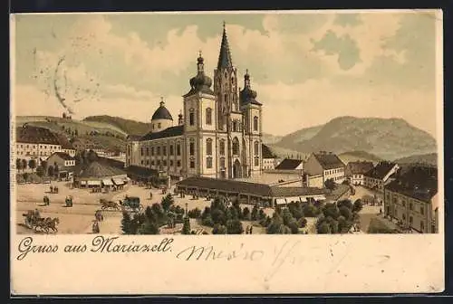 Lithographie Mariazell, Ortsansicht mit Wallfahrtskirche