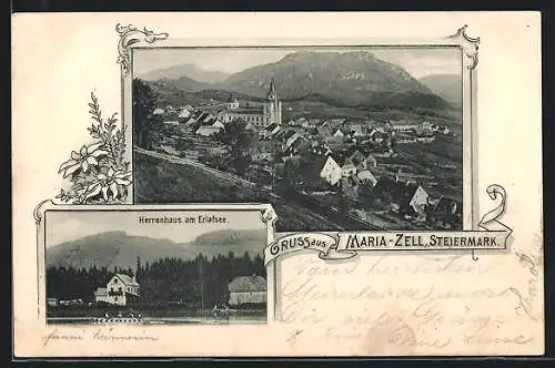 AK Maria-Zell / Steiermark, Herrenhaus am Erlafsee, Ortspanorama mit Kirche