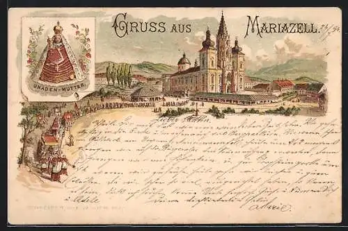 Lithographie Mariazell, Kirche und Prozession