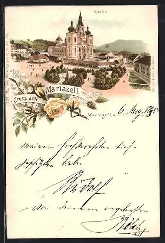 Vorläufer-Lithographie Mariazell, 1893, Blick auf die Kirche