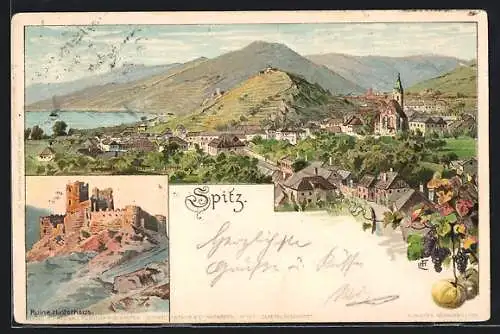 Lithographie Spitz, Totalansicht, Ruine Hinterhaus