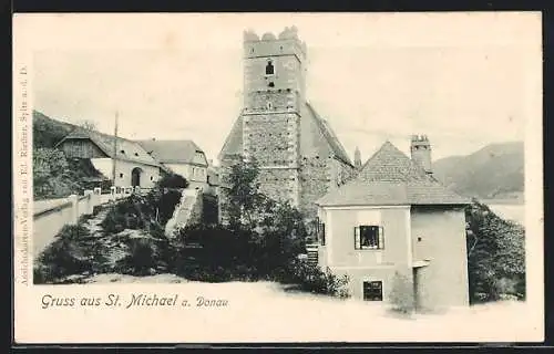 AK St. Michael a. Donau, Ortsansicht mit altem Turm