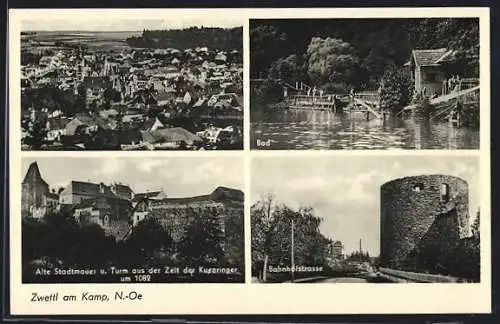 AK Zwettl am Kamp, Bahnhofstrasse, Bad, Alte Stadtmauer u. Turm