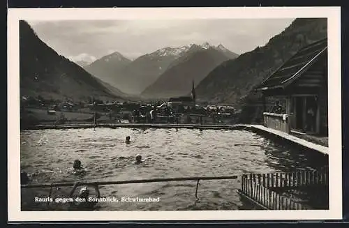 AK Rauris, Ortsansicht mit Schwimmbad gegen den Sonnblick