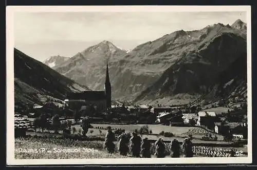 AK Rauris, Ortsansicht mit Berg Sonnblick