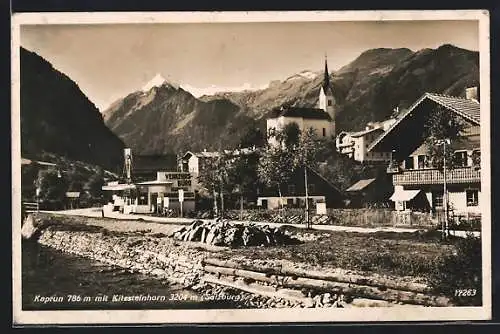 AK Kaprun / Salzburg, Ortsansicht mit Verkehrsbüro, Kirche und Kitzsteinhorn