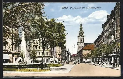 AK Graz, Bismarckplatz mit Herrengasse und Kirche