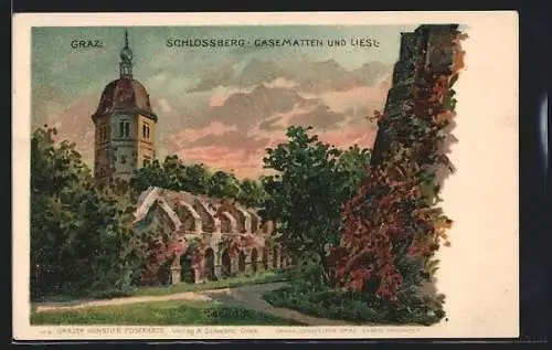 Lithographie Graz, Schlossberg, Casematten und Liesl